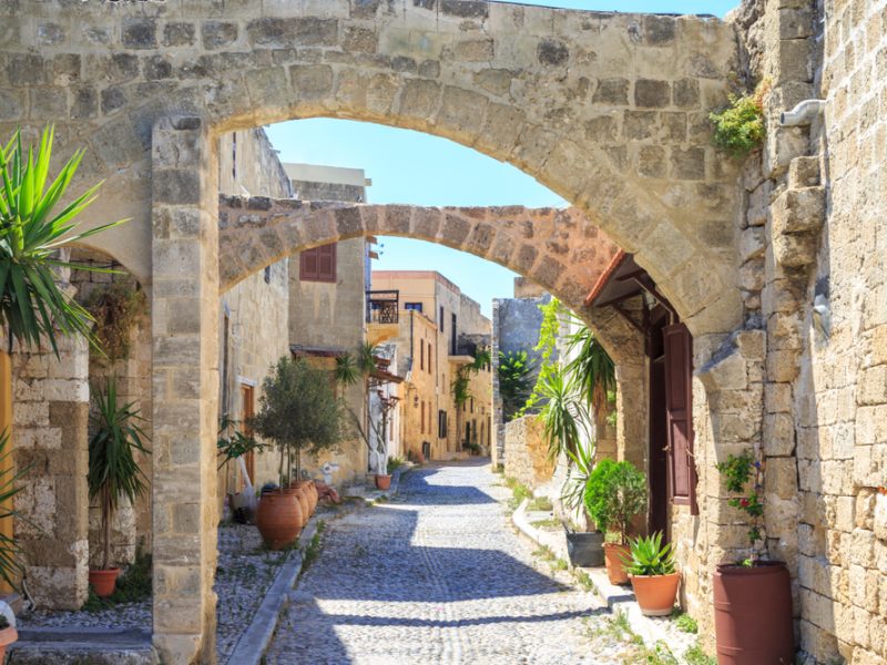 Historical,Streets,Of,Old,Town,Rhodes,With,Flowers,In,Rhodes,